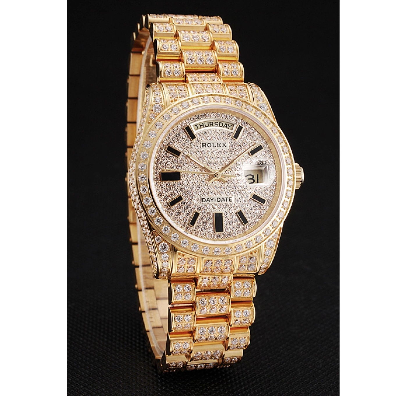 Rolex copies cheap Diamond Swiss Pave Full Yellow Rolex Date Gold Day 0525